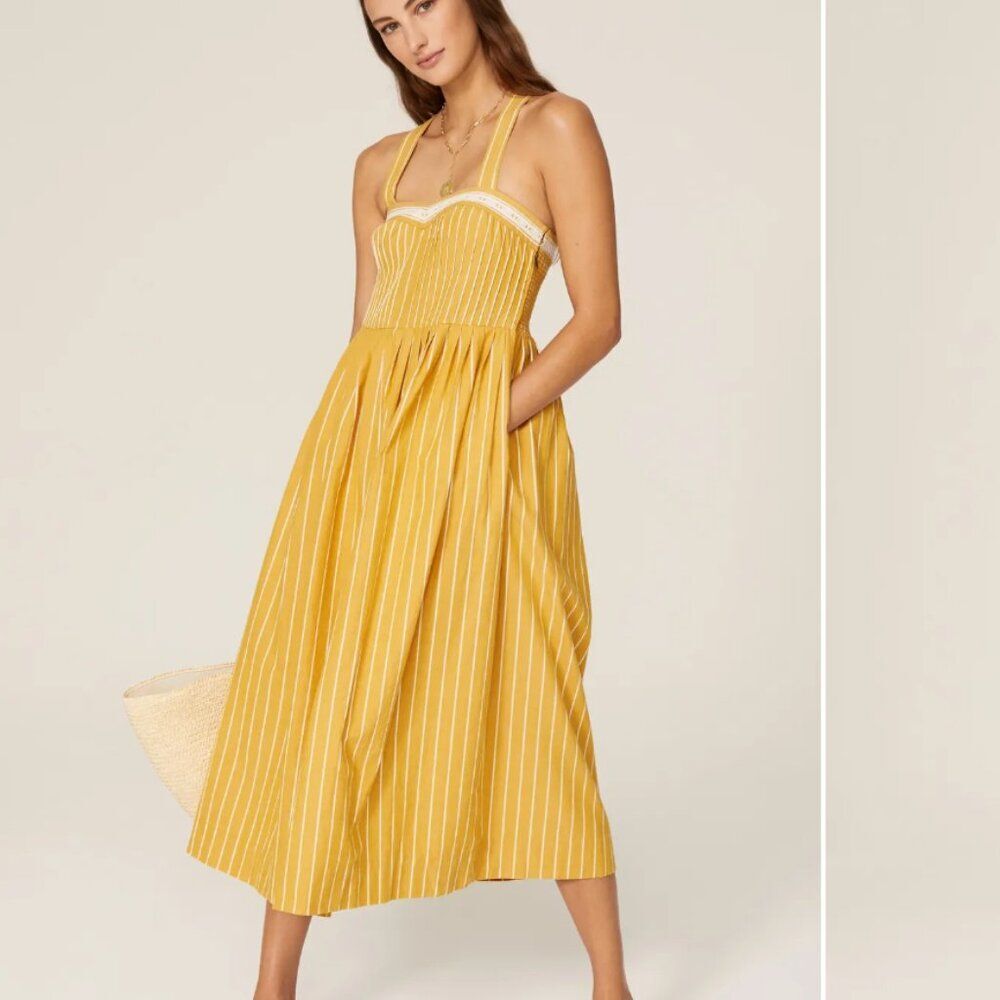 THE GREAT. Yellow Stripe Midi Dress